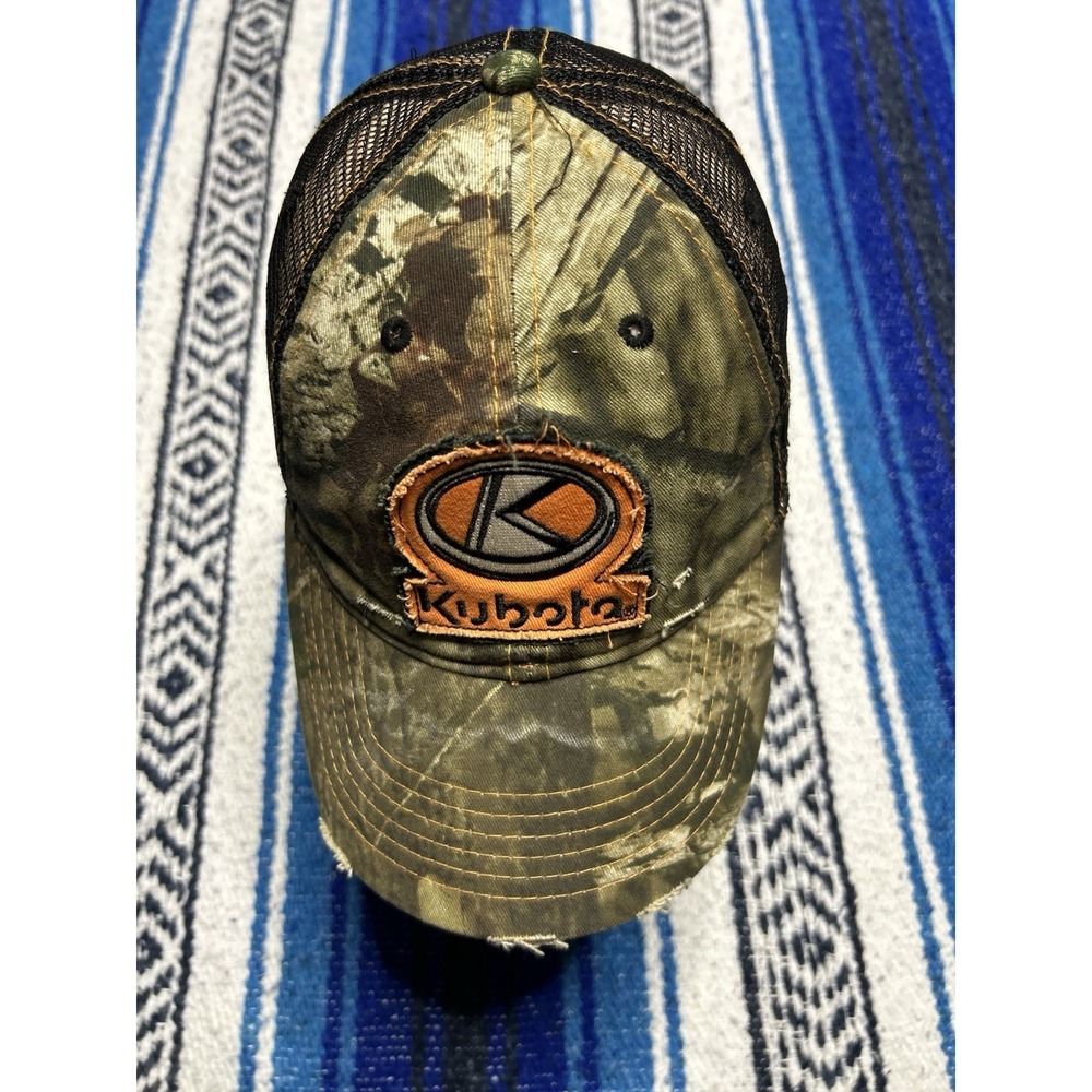 Kubota Logo Mens Camo Kubota Trucker Hat Distressed Mesh Back Cap